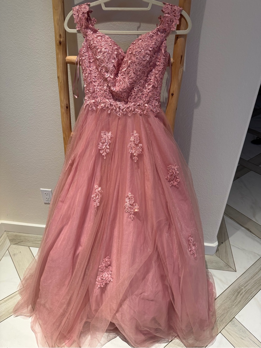 May Queen Dusty Rose Lace & Tulle Formal Dress